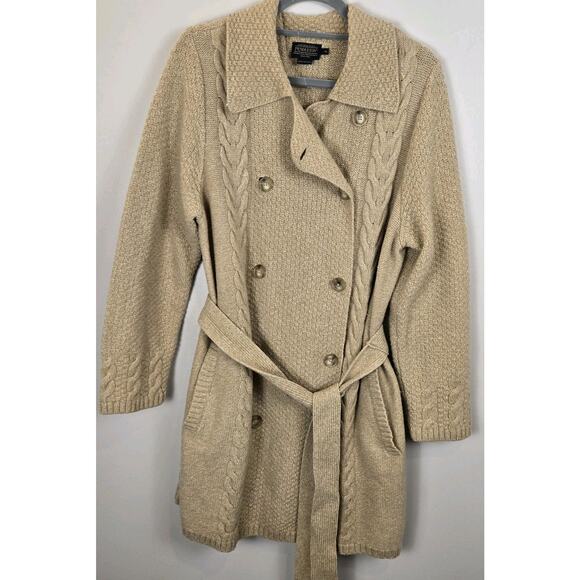 PENDLETON Belted Long Cable Cardigan Sweater XL Lambs Wool Blend Double Breasted - Picture 1 of 10